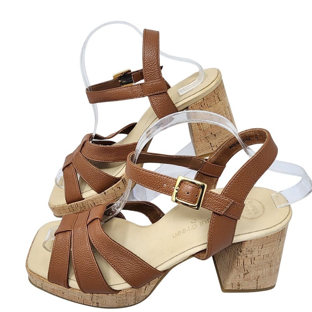Paul Green Womens Brown Leather Cork Heel Sandals Size UK 7 US 9